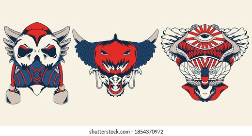 Three Design Collection Apparel Skull Character Bull and Pumpkins Halloween Geometry Insect Bones Eyes Illustration Vector Isolated