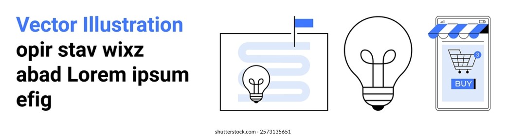 Three design elements featuring a document analysis, a light bulb representing ideas, and an online shopping platform. Ideal for creativity, innovation, online business, e-commerce, marketing. Banner