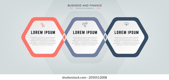 TRES diseños de plantilla de diseño de Infografía con iconos y opciones o pasos. Concepto de negocio. Se puede utilizar para el diagrama de procesos de negocios y finanzas, presentaciones, diseño de flujo de trabajo, banner, flujo de trabajo