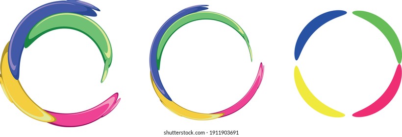 Three design options for the circle outline brush strokes in four colors on an isolated white background. Blue, yellow, green and pink colors.