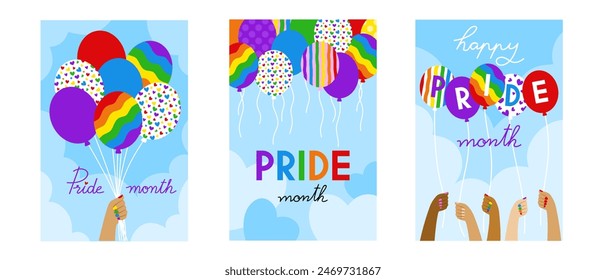 Drei Design von vertikalen Bannern über Pride Monat mit Ballonkonzept in Regenbogenfarbe wie Handballons, Wolke mit blauem Himmel Hintergrund, Herzchen und Pride Monat Wort.