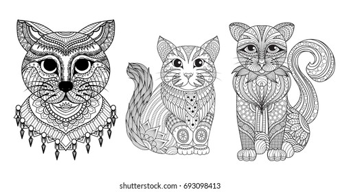 Three design of zendoodle cats for design element and adult coloring book page. Vector illustration