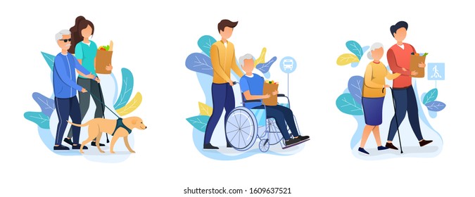 Three designs depicting old age care for retirees with carers helping an elderly person with dog, in a wheelchair and using a walking stick with their shopping, vector illustration