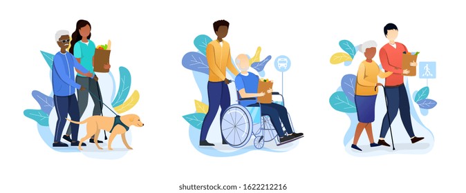 Three designs depicting old age care for retirees with carers helping an elderly person with dog, in a wheelchair and using a walking stick with their shopping, vector illustration