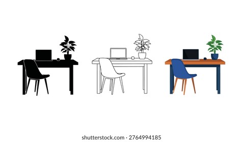 Three desk arrangements demonstrate stylistic changes, culminating in a bold color silhouette.