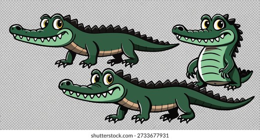Se muestran tres ilustraciones detalladas de cocodrilo sobre un fondo transparente. Cada cocodrilo se representa en un estilo de arte lineal limpio en blanco y negro, enfatizando su piel texturizada y sus características anatómicas. La liga