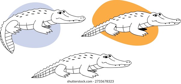 Se muestran tres ilustraciones detalladas de cocodrilo sobre un fondo transparente. Cada cocodrilo se representa en un estilo de arte lineal limpio en blanco y negro, enfatizando su piel texturizada y sus características anatómicas. La liga