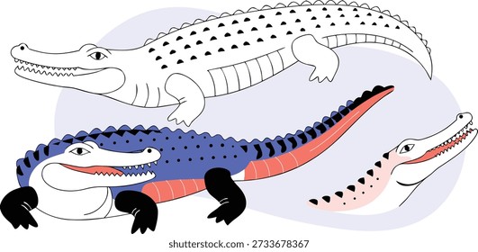Three detailed alligator illustrations are displayed against a transparent background. Each alligator is rendered in a clean, black-and-white line art style, emphasizing their textured skin and anatomical features. The alliga
