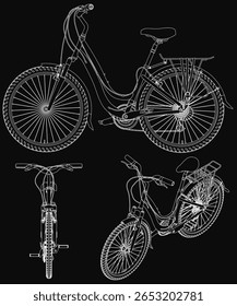 Three detailed black and white bicycles with unique designs stand out against a stark black background. The clean white outlines highlight the intricate frames and wheels, creating a striking.