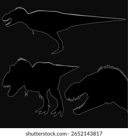 Três detalhadas silhuetas de dinossauro estão contra um fundo preto, apresentando características realistas e características únicas. A composição de alto contraste enfatiza suas formas pré-históricas.