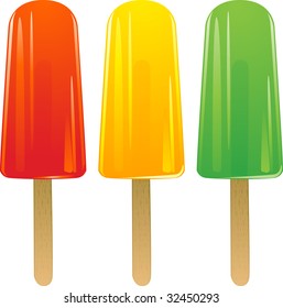 three detailed fruit ice lollies in red orange and green