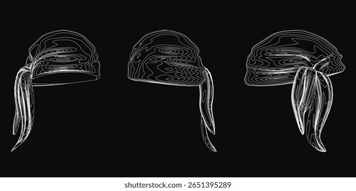 Three detailed hat sketches on a black background, featuring a stylish bandana design among them. The white outlines contrast sharply with the dark backdrop, highlighting each unique shape.