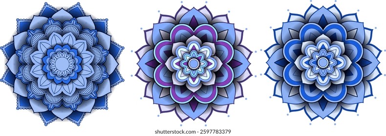 Three detailed mandalas in calming blue hues