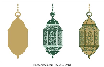 Three detailed Ramadan lantern vector icons in gold and green for Islamic holiday greeting cards and branding.