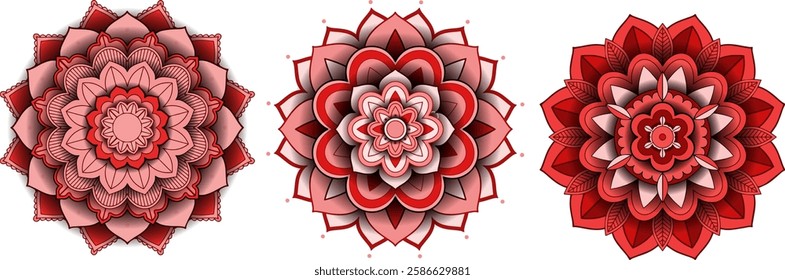 Three detailed red mandalas with floral patterns