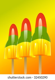 three detailed rocket ice lollies on a citrus colored background
