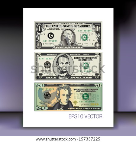 Three detailed, Stylized Vector Drawings of Bills on a Mauve Background