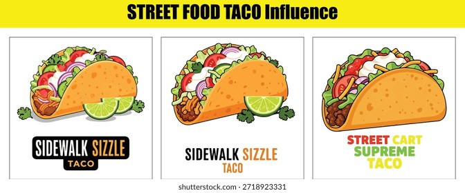 Três tacos detalhados com cal e rótulos de texto Palavras-chave: taco, comida de rua, mexicano, comida