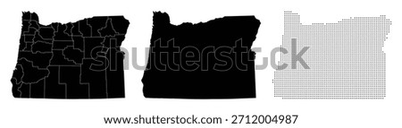 Three detailed vector illustrations of Oregon state map. Includes a map with county divisions, a solid silhouette, and a dot grid outline.
