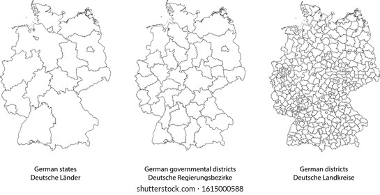 Three detailed vector maps of German states, governmental districts and municipalities in white color