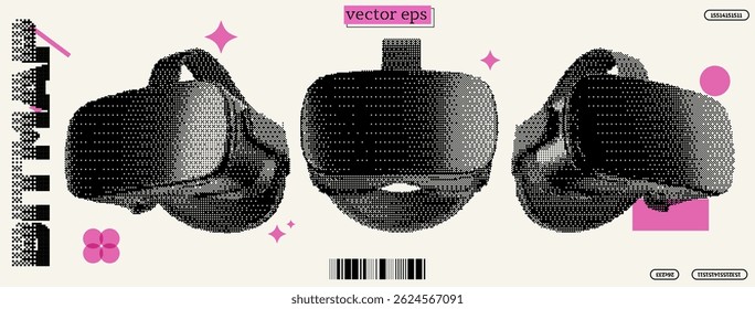 Três vistas detalhadas dos óculos de realidade virtual mostram seu design inovador. A arte combina estilos de pixel e bitmap, destacando uma estética do y2k que cativa a imaginação do espectador.