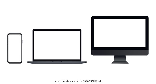 Three devices with blank screen. Smartphone, computer and laptop with place for advertising. Modern gadgets with chromakey space on screen. Mobile phone, PC and notebook.