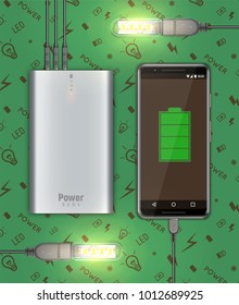 Three devices, charged smartphone and two USB LED lamps are connected to the power bank. Vector illustration.