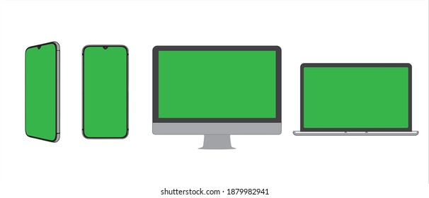 Three devices with green screen mockup. Smartphone
in two positions, computer and laptop with place for advertising, copy space. Modern gadgets with chromakey space on screen. 