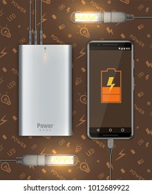 Three devices, smartphone and two USB LED lamps are connected to the power bank. Vector illustration.