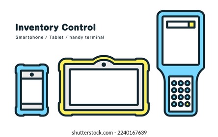 Three devices used for inventory control operations. Illustration of a smartphone, tablet, and handheld terminal.