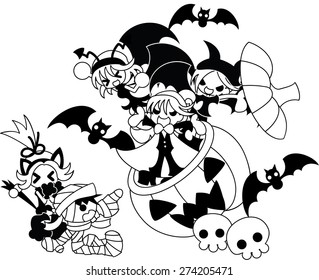 Three devils appear from the jack-o-lantern, and a mummy boy and a black cat girl are surprised.