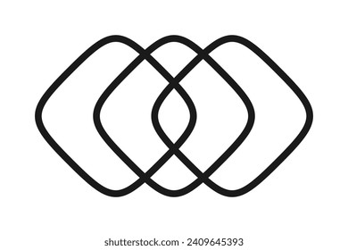 Three diagonal squircle stroke shapes icon. An arrangement of hollow curved line squares. Isolated on a white background.