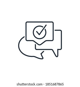 Three dialog boxes and a check mark. Communication, agreement. Vector linear icon isolated on white background.