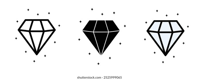 Three diamond icons are shown in a row, diamond icon silhouette and editable colored in unexpanded vector form, diamond icons set, editable diamond icons