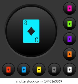 Three of diamonds card dark push buttons with vivid color icons on dark grey background