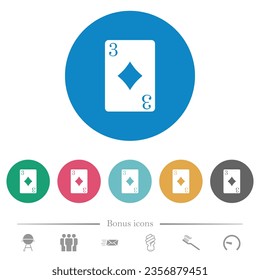 Three of diamonds card flat white icons on round color backgrounds. 6 bonus icons included.