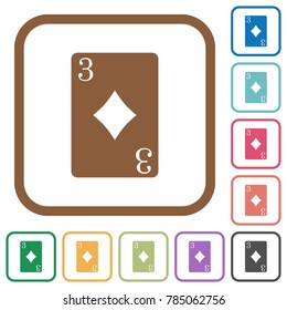 Three of diamonds card simple icons in color rounded square frames on white background