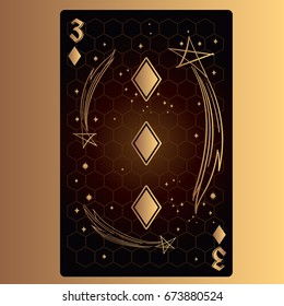 Three of diamonds. Playing card with original design on the theme of space.