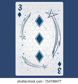 Three of diamonds. Playing card with original design on the theme of space.
