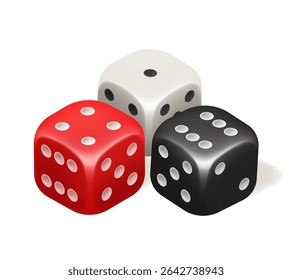 Three dice. Red dice, black dice and white dice. Vector 3d clipart isolated on white background.