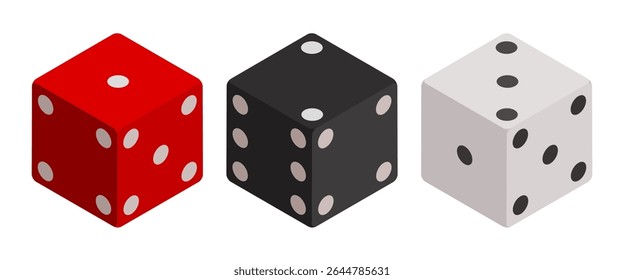 Three dice. Red dice, black dice and white dice. Vector 3d clipart isolated on white background.