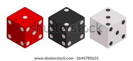Three dice. Red dice, black dice and white dice. Vector 3d clipart isolated on white background.