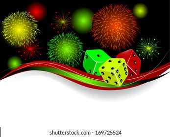Three dices and fireworks on black background