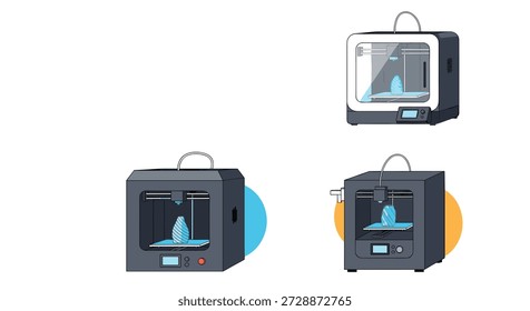 Three different 3D printers in various colors printing a blue vase showing the additive manufacturing process and technology.