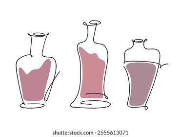Three different abstract wine bottles, hand-drawn in a continuous single line, isolated on a white background. A set of curved glass decanters with an alcoholic red drink. An element for decorating