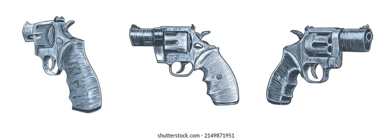 Tres ángulos diferentes del revólver. Conjunto de ilustraciones vectoriales con armas. Esbozos de pistolas dibujadas a mano.