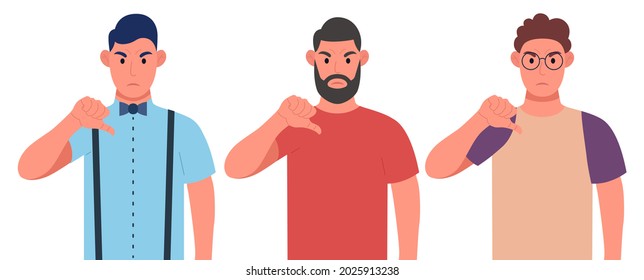 Three different angry men showing thumbs down sign gesture. Dislike, negative emotions face expression concept. Character set. Vector illustration.