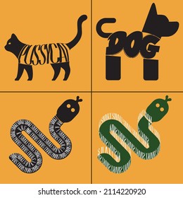 Tres animales diferentes de fondo amarillo. Tipografía de serpientes, gatos y perros.