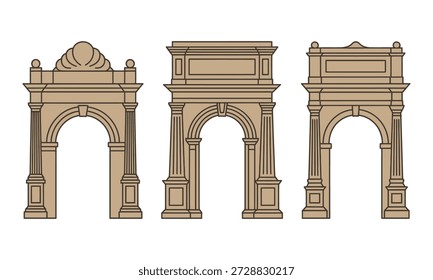 Tres arcos arquitectónicos diferentes con columnas y detalles ornamentados