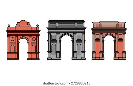 Tres arcos arquitectónicos diferentes con varios diseños y colores